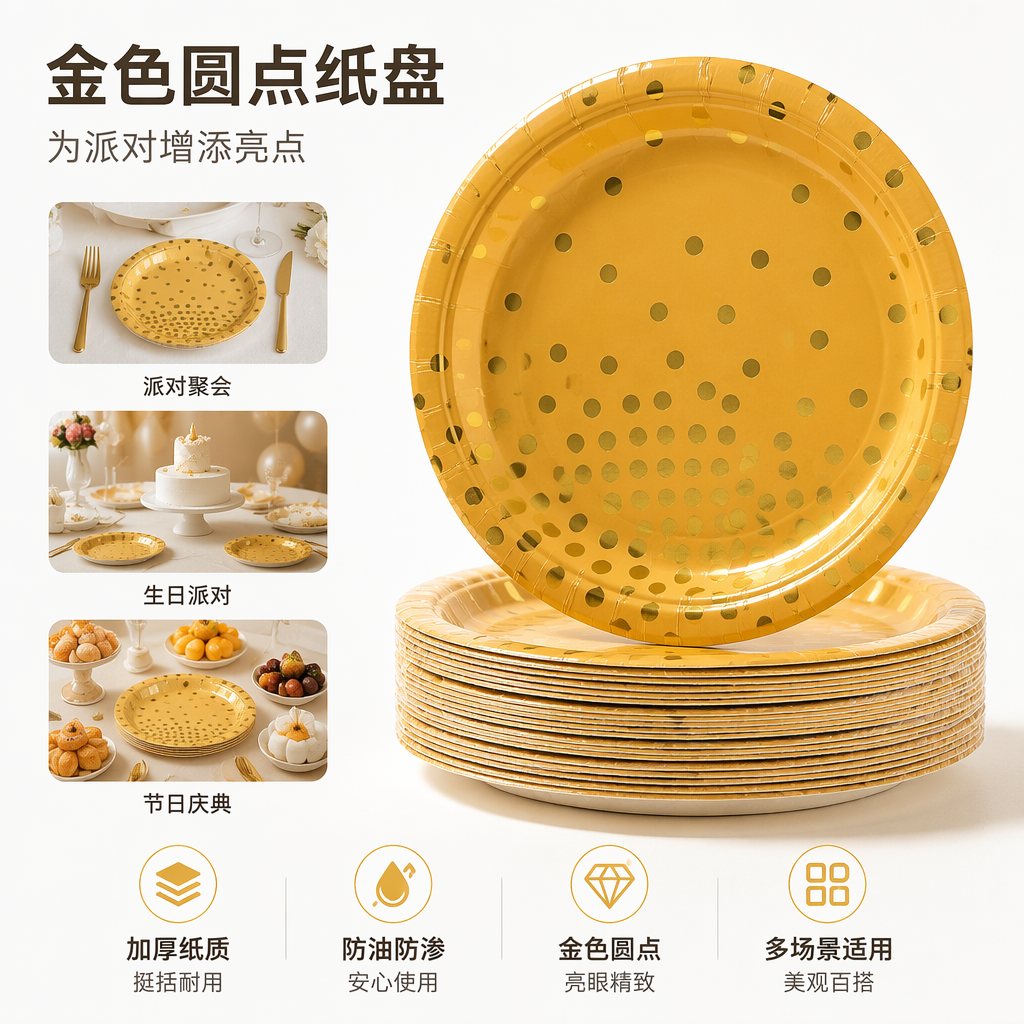 橙色金点装饰纸盘 宴会派对一次性餐盘 10英寸