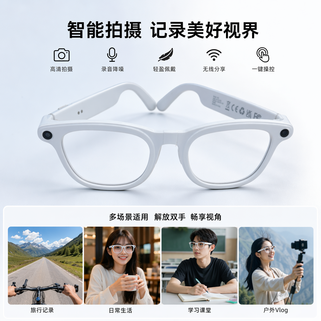 白色智能眼镜 支持蓝牙通话 运动防滑轻量化设计