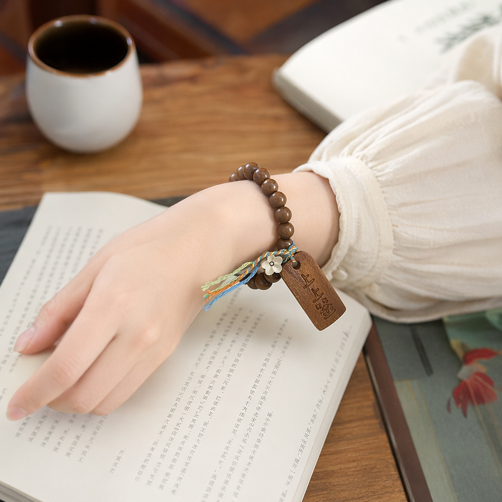 The brown wooden bracelet with colorful tassel engraved wooden nameplate is made of natural wood, simple and fashionable details Picture