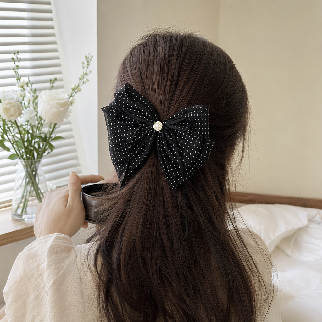 Black beige polka dot chiffon bow hair accessory, an elegant headwear for ladies details Picture