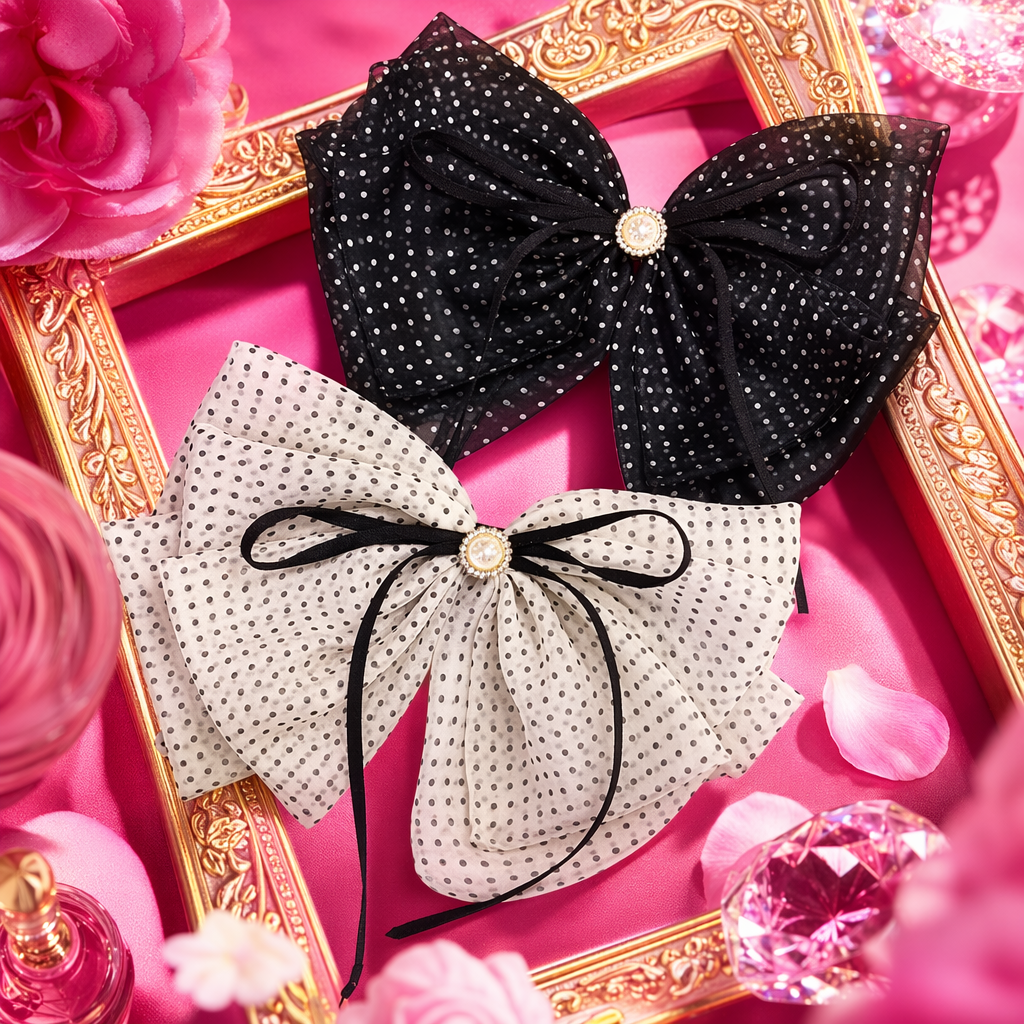 Black beige polka dot chiffon bow hair accessory, an elegant headwear for ladies Specification image