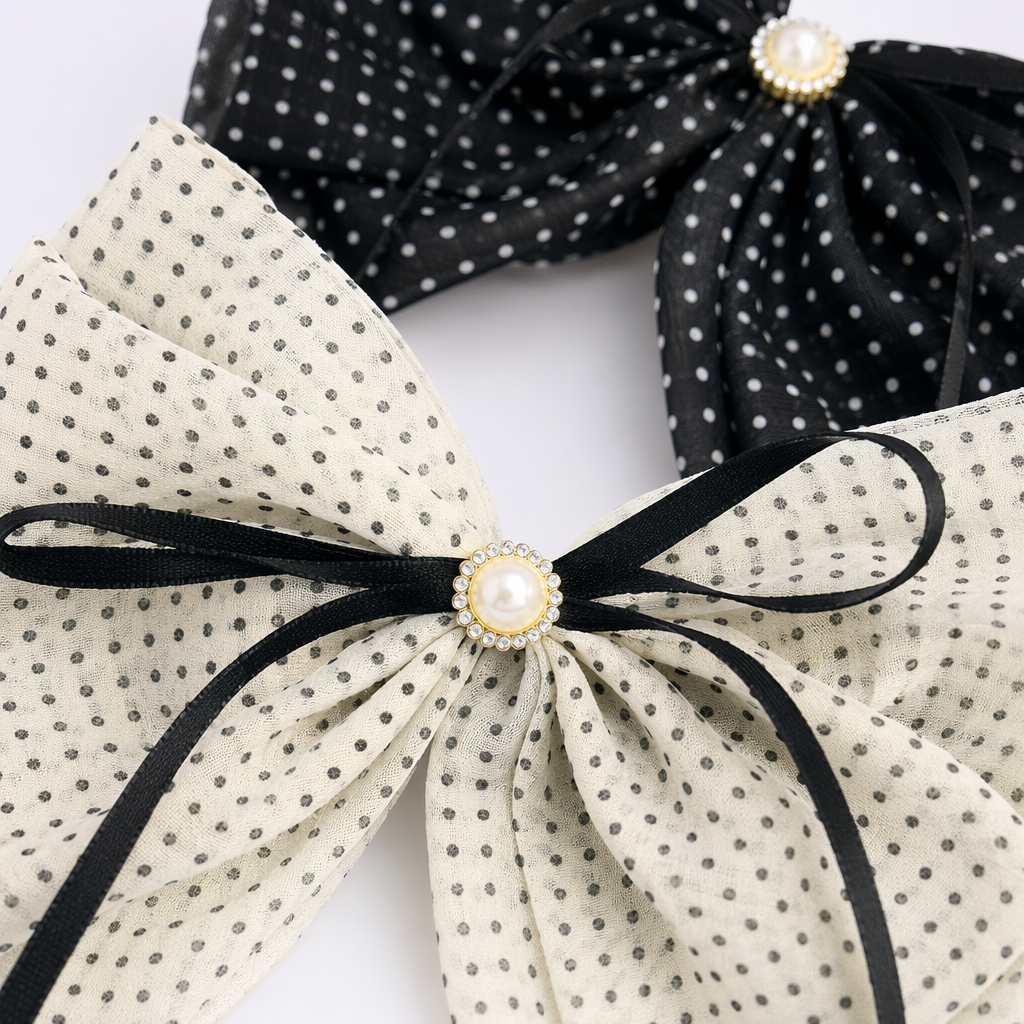 Black beige polka dot chiffon bow hair accessory, an elegant headwear for ladies Application Scenario
