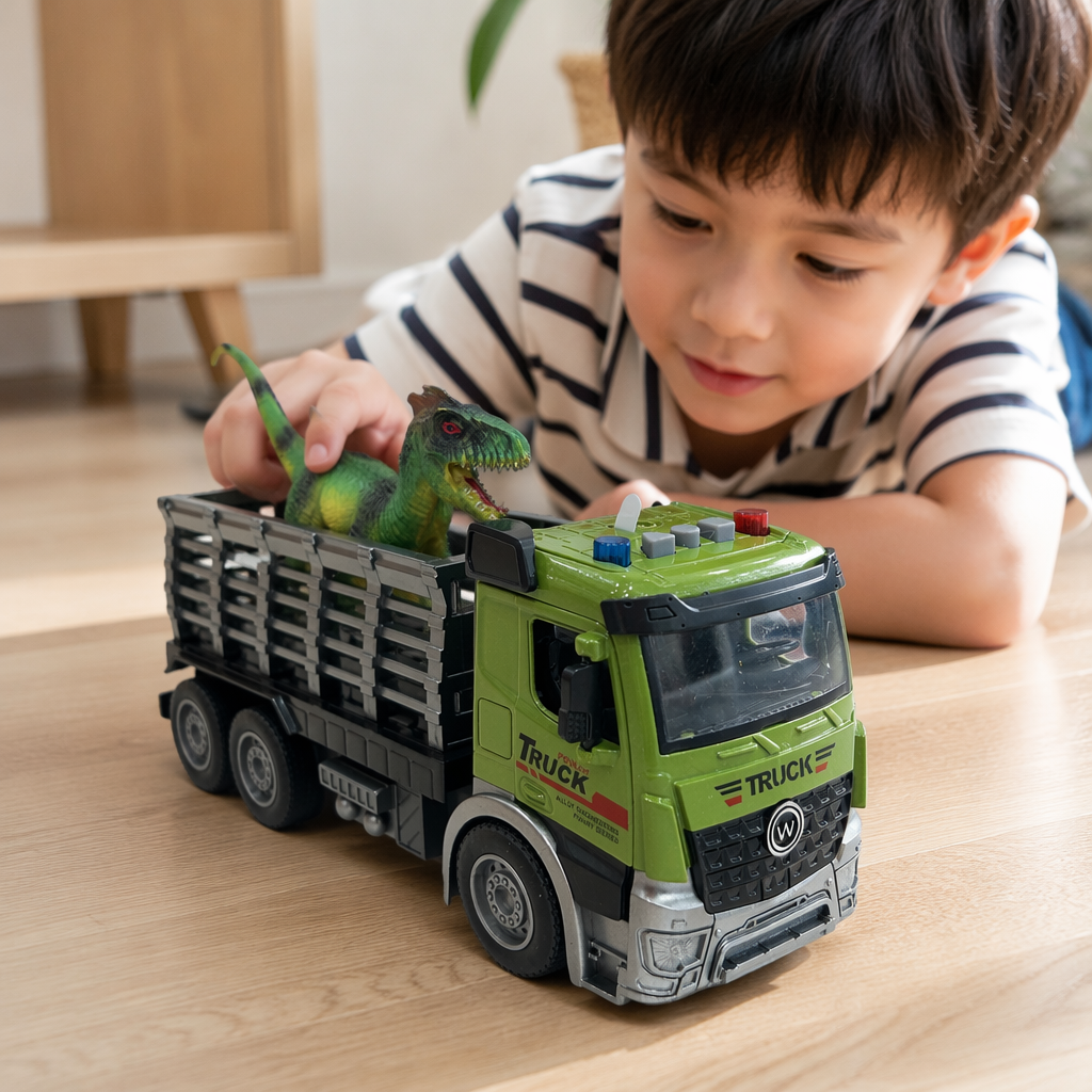 Green toy truck and green dinosaur model children's educational simulation car model set details Picture