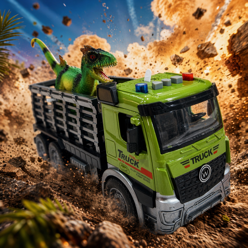 Green toy truck and green dinosaur model children's educational simulation car model set Specification image