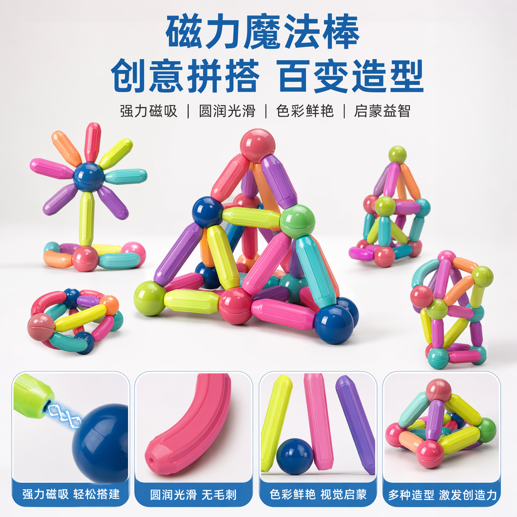 彩色磁力棒玩具盒儿童益智拼搭套装磁性积木