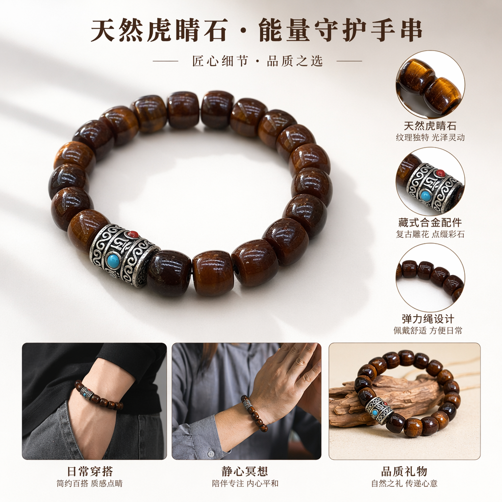 The central silver ornament of the brown beaded bracelet is set with a blue ruby