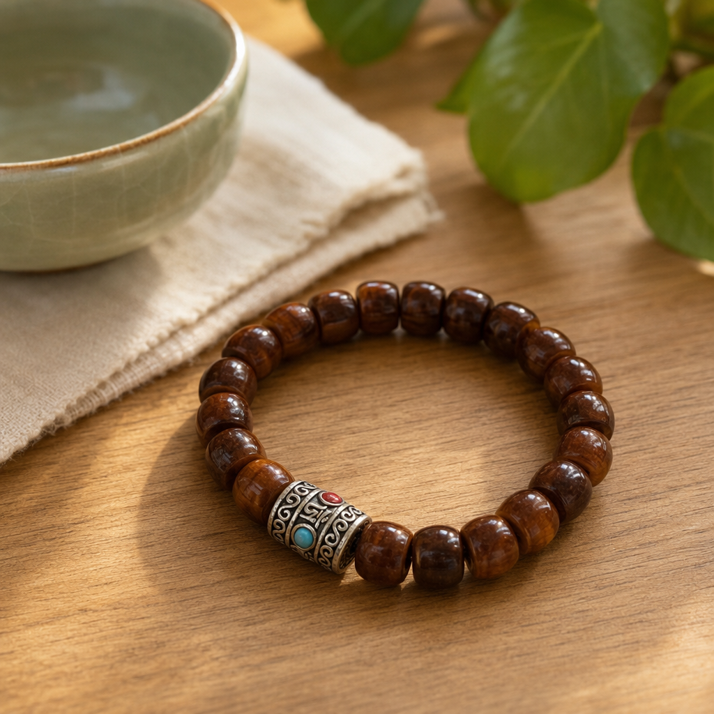 The central silver ornament of the brown beaded bracelet is set with a blue ruby details Picture
