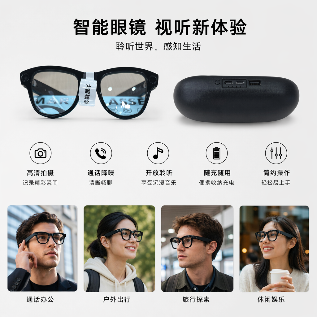 黑色智能眼镜+ 蓝牙通话拍照墨镜 近视可配镜片 时尚科技感