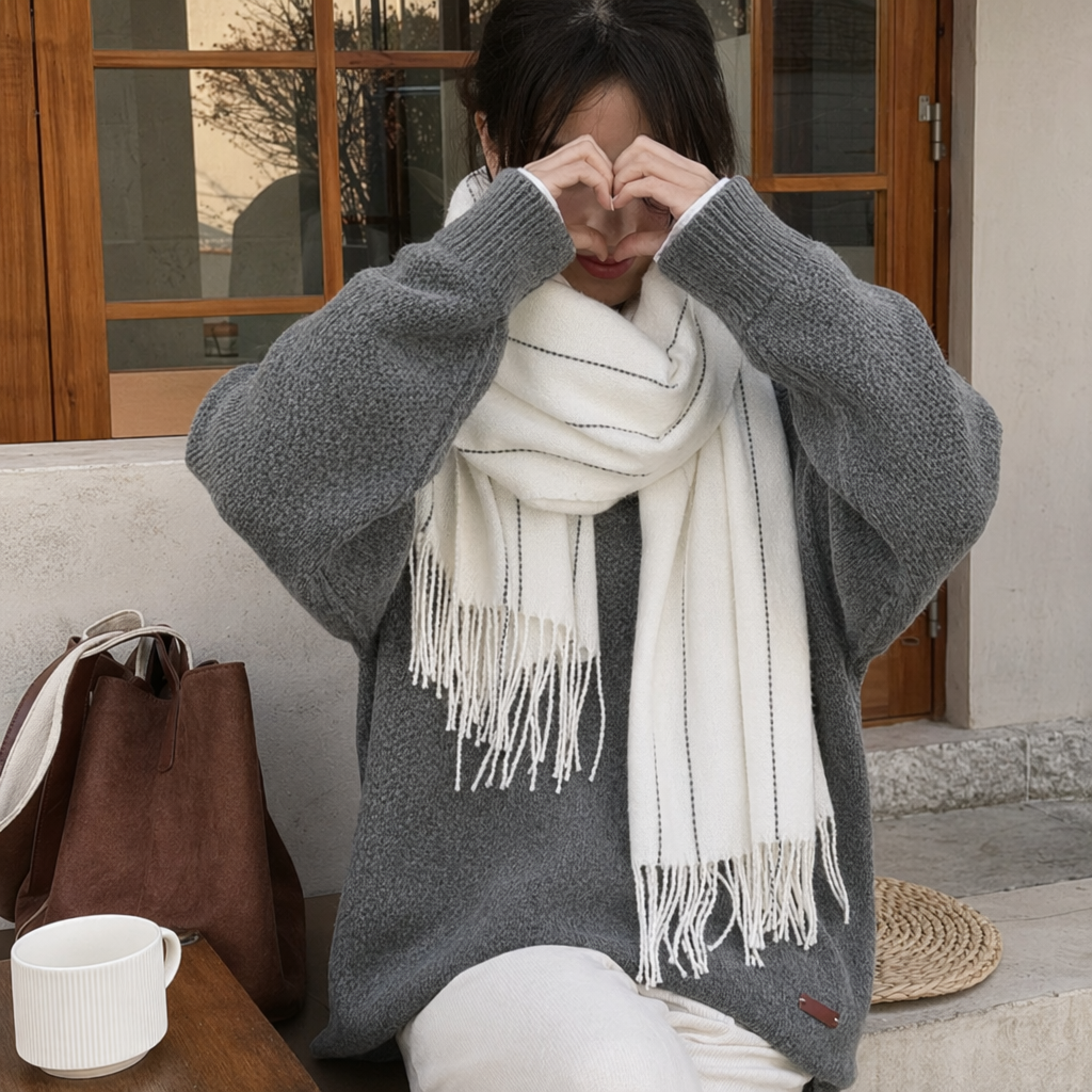 White striped tassel scarf with figure embroidery, thickened pure cotton, a must-have for autumn and winter details Picture