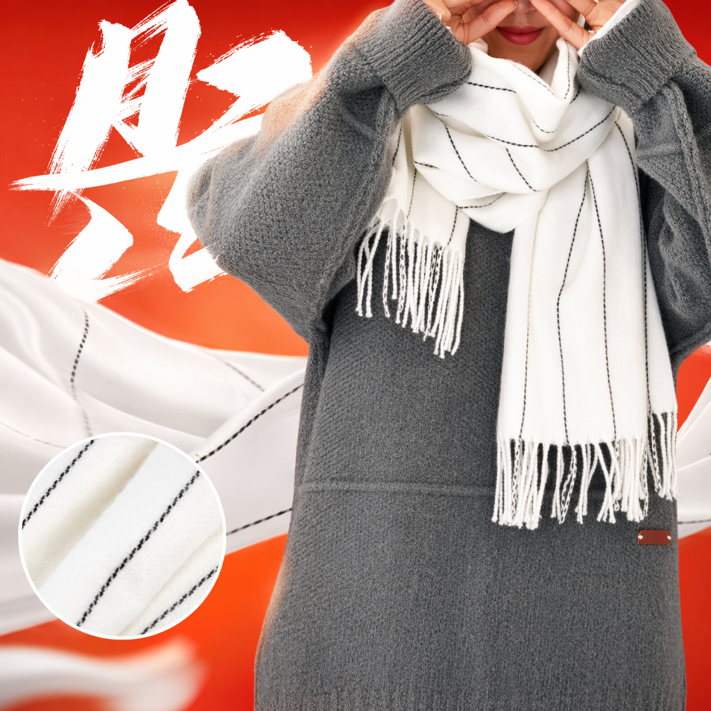 White striped tassel scarf with figure embroidery, thickened pure cotton, a must-have for autumn and winter Specification image