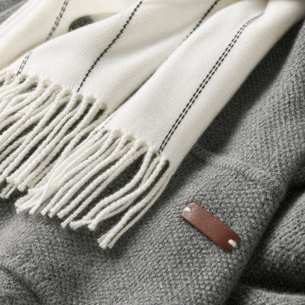 White striped tassel scarf with figure embroidery, thickened pure cotton, a must-have for autumn and winter Application Scenario