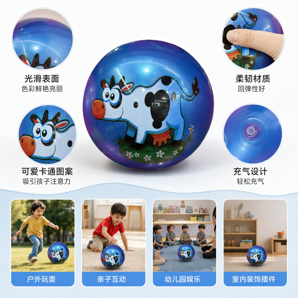 蓝色球体卡通奶牛图案装饰球儿童益智玩具图