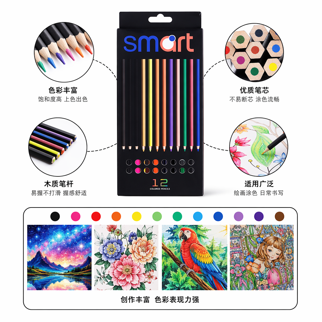 黑色包装彩色铅笔24色儿童绘画美术专用