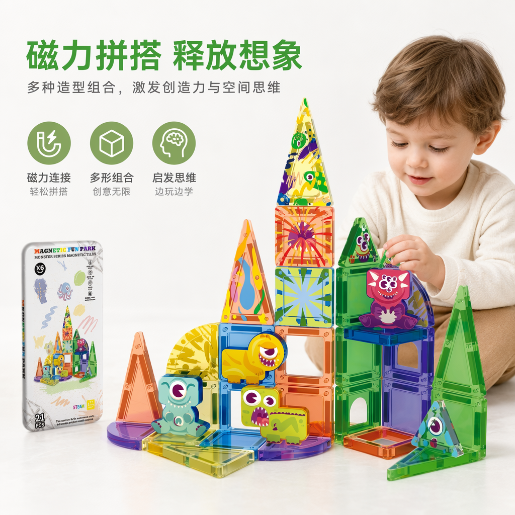 彩色磁力积木玩具 透明彩色磁力片含方形三角形半圆形配卡通怪物玩偶可拼城堡