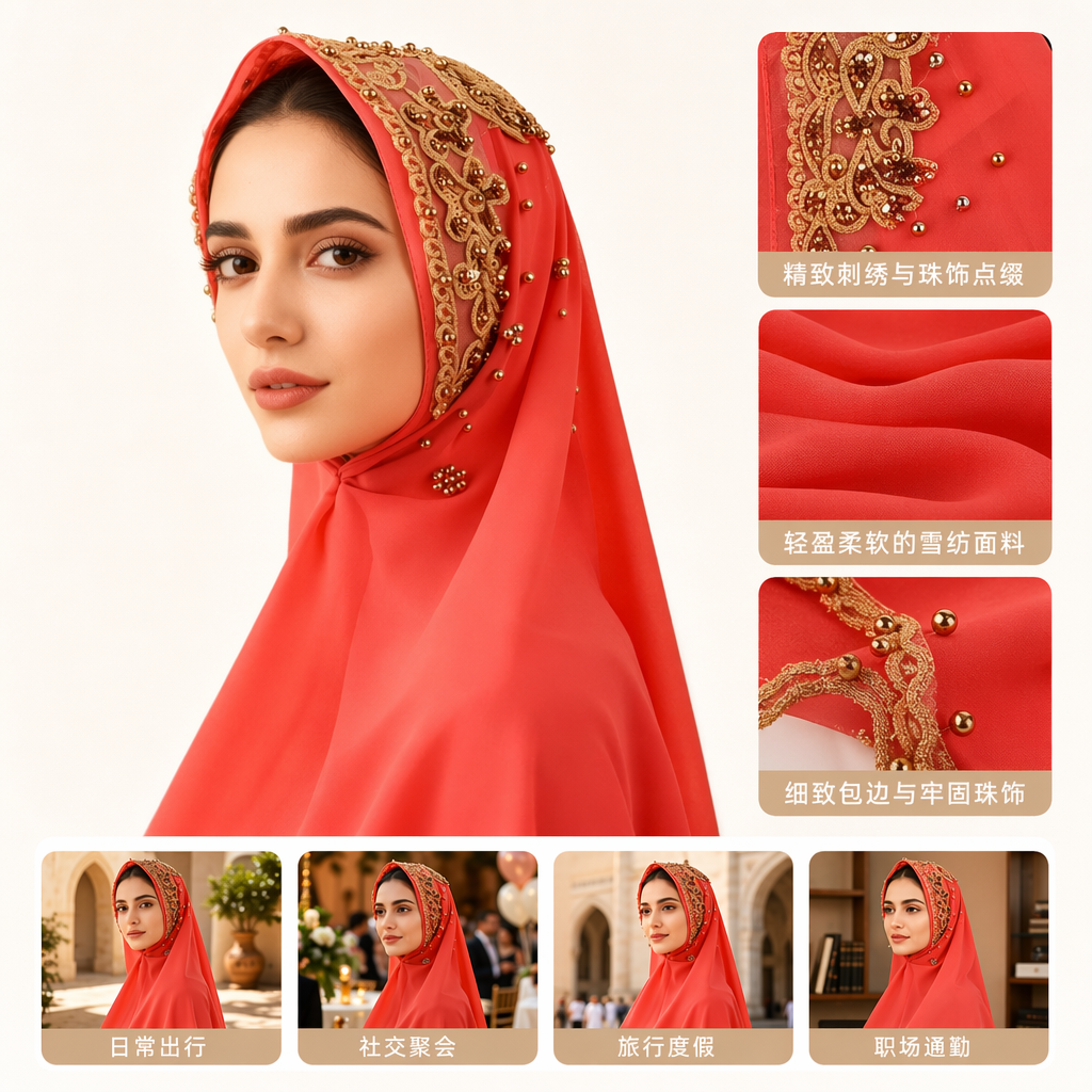 The red embroidered beaded headscarf is a must-have for fashionistas