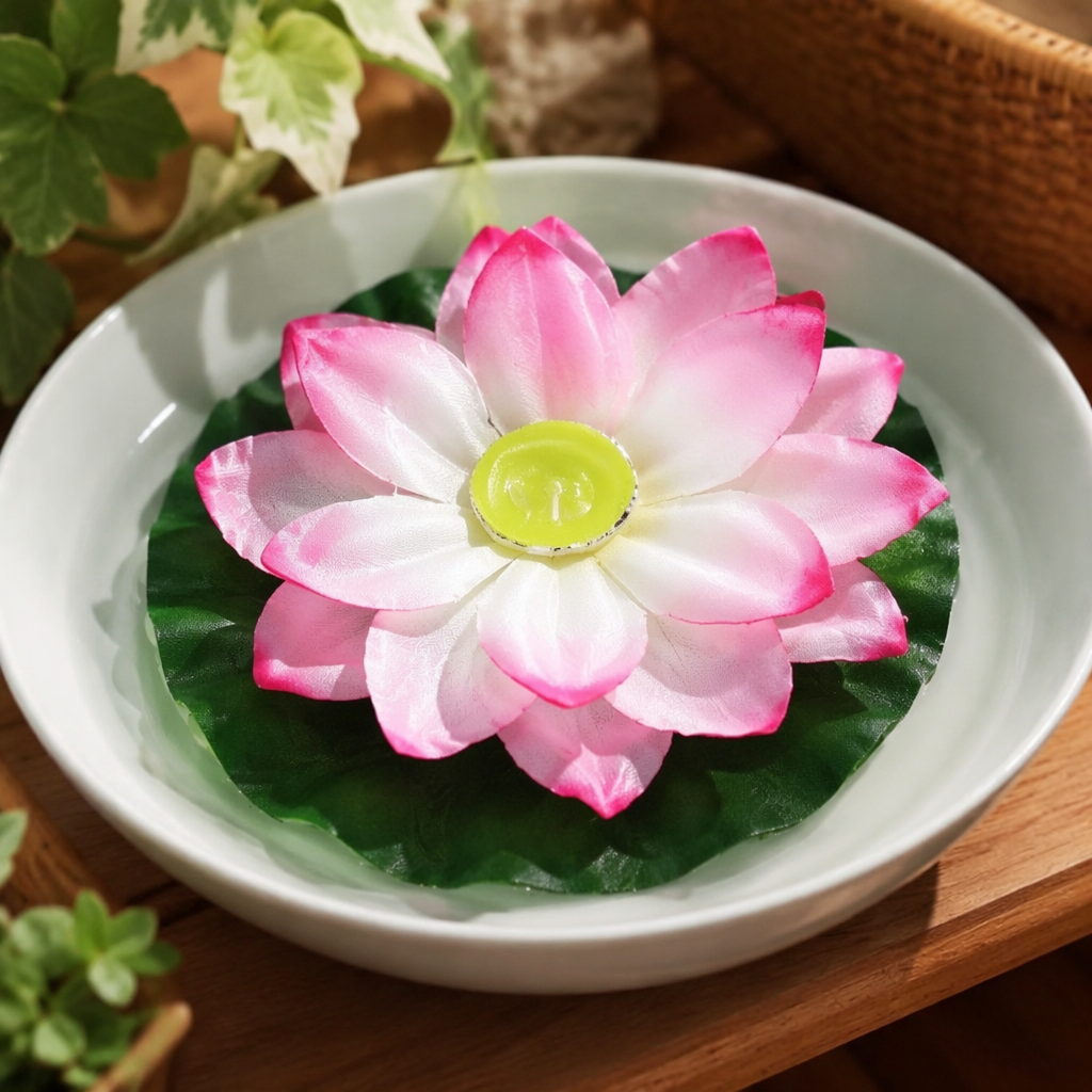 Pink lotus lamp with pinkish-white gradient petals, light green wick and lotus leaf base details Picture