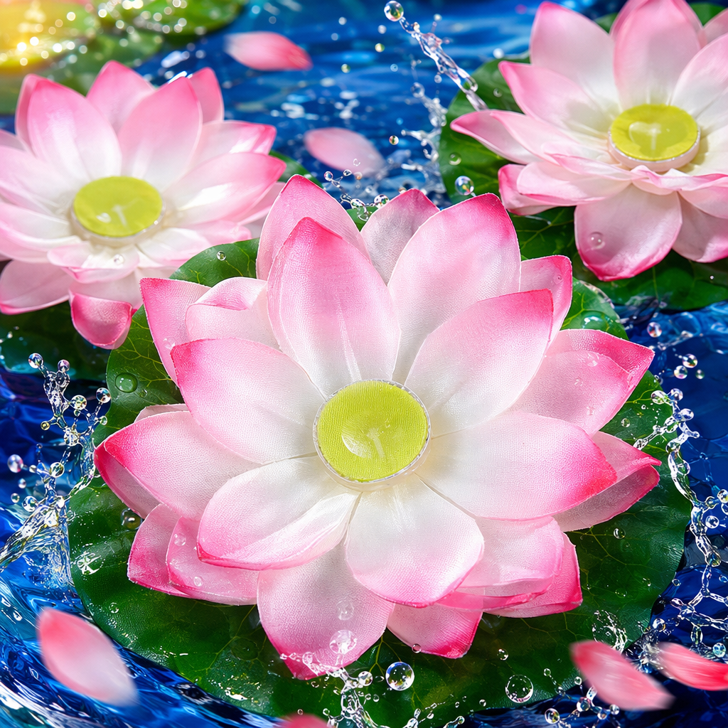 Pink lotus lamp with pinkish-white gradient petals, light green wick and lotus leaf base Specification image