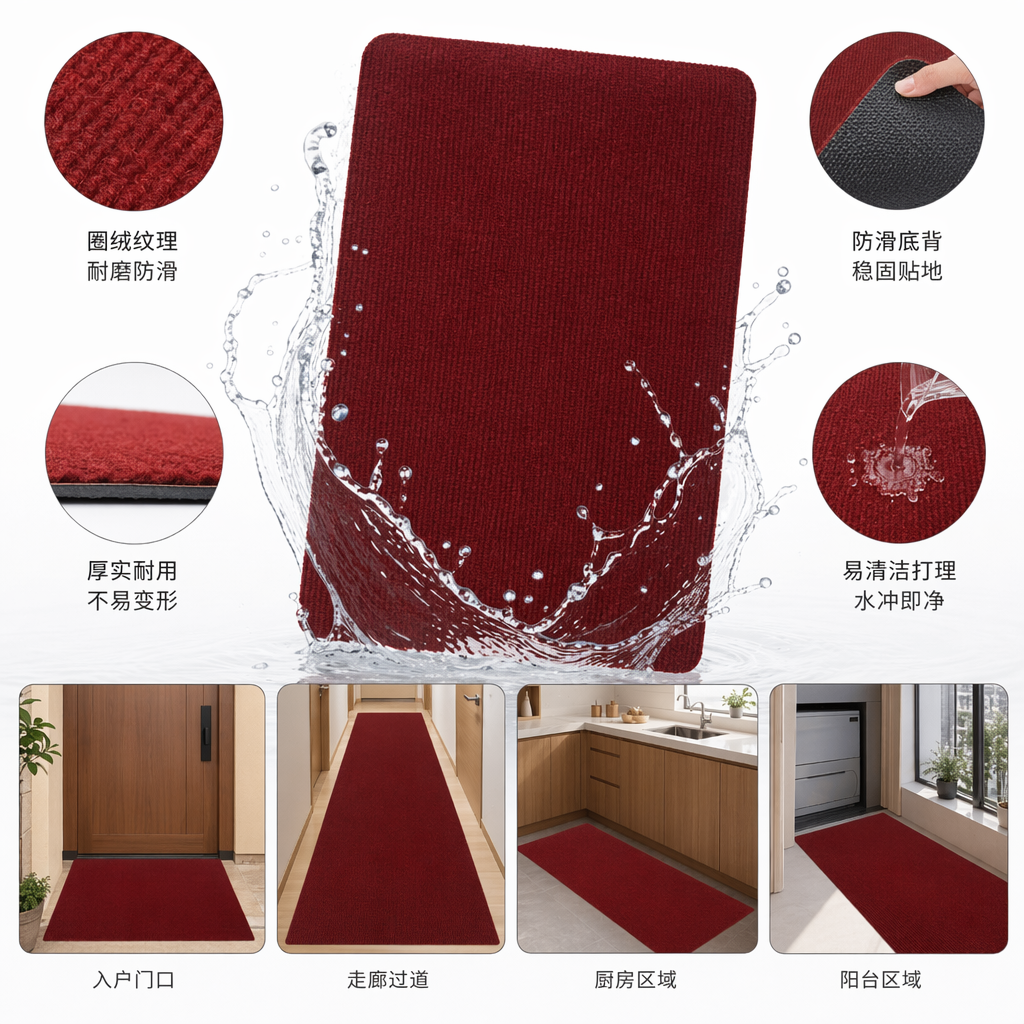 红色防滑地垫家用浴室厨房门口地毯吸水耐磨易清洁