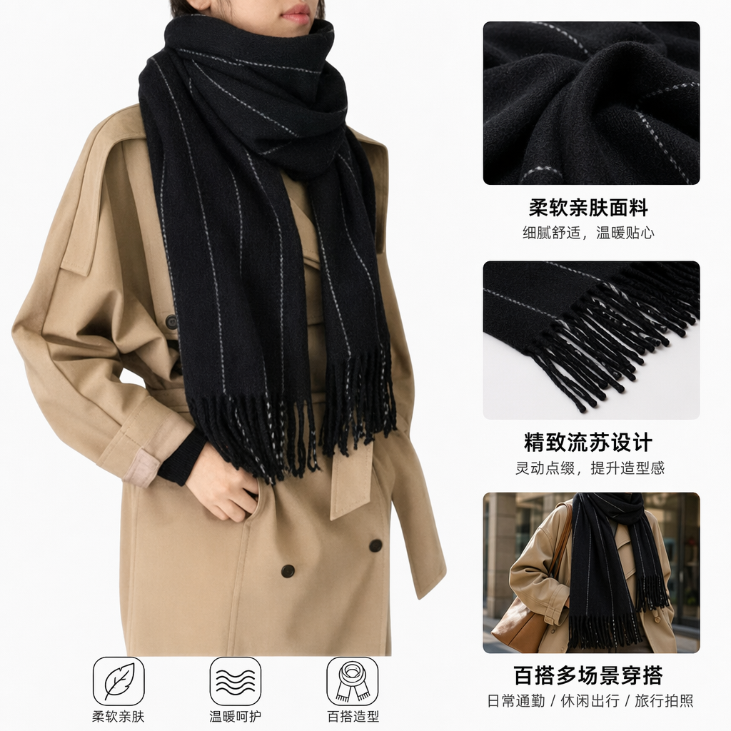 黑色条纹流苏围巾秋冬保暖纯棉加厚女士百搭时尚图