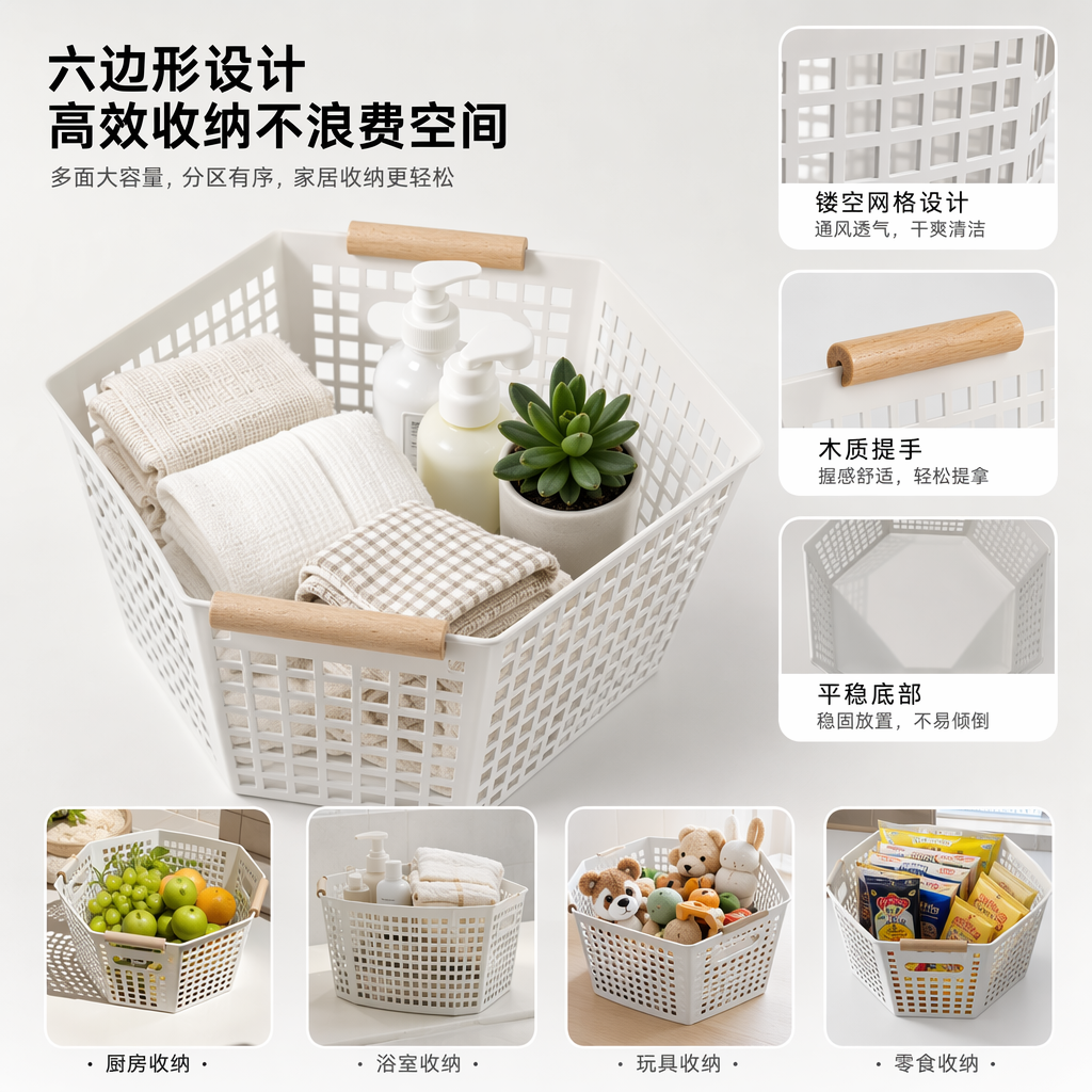 白色六边形网格收纳篮家用储物篮客厅卧室整理篮