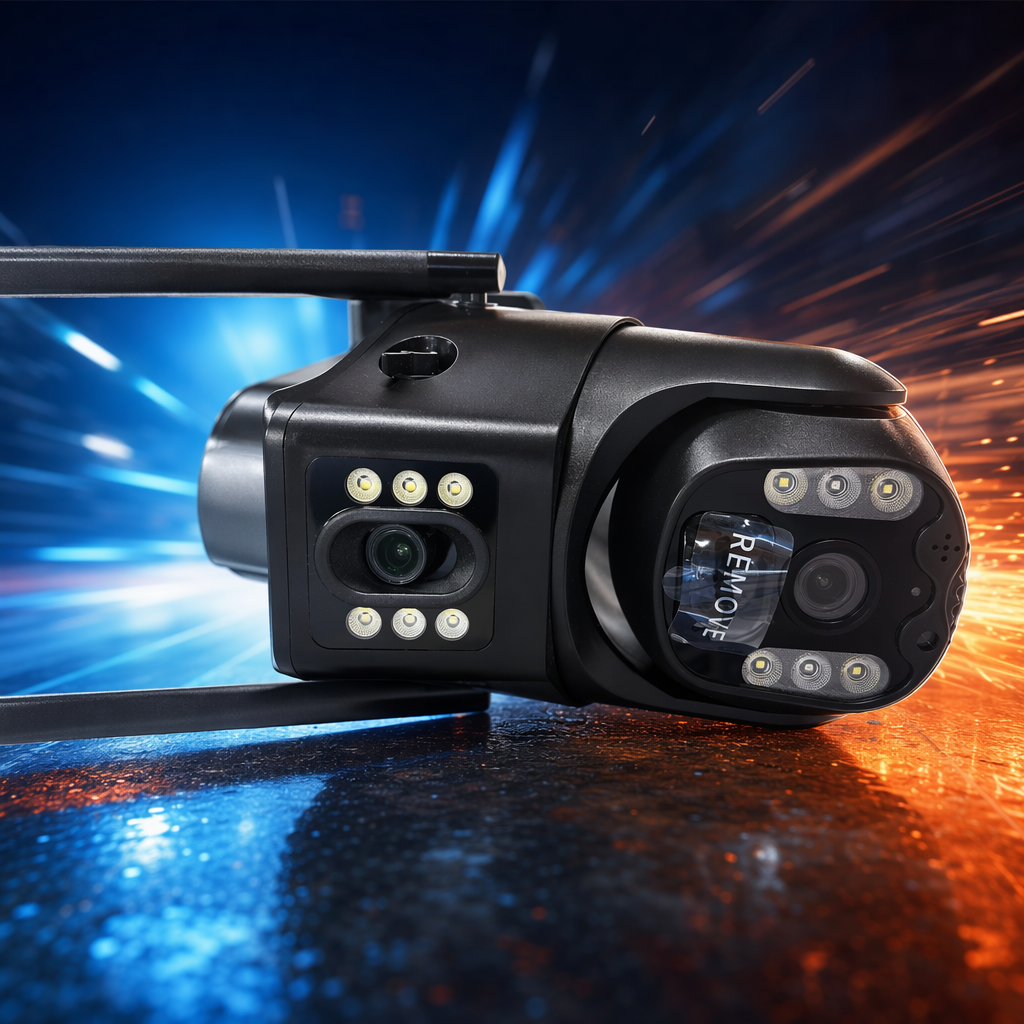 The black dual-lens surveillance camera with a 4-megapixel metal body features intelligent voice recognition for both indoor and outdoor use Specification image