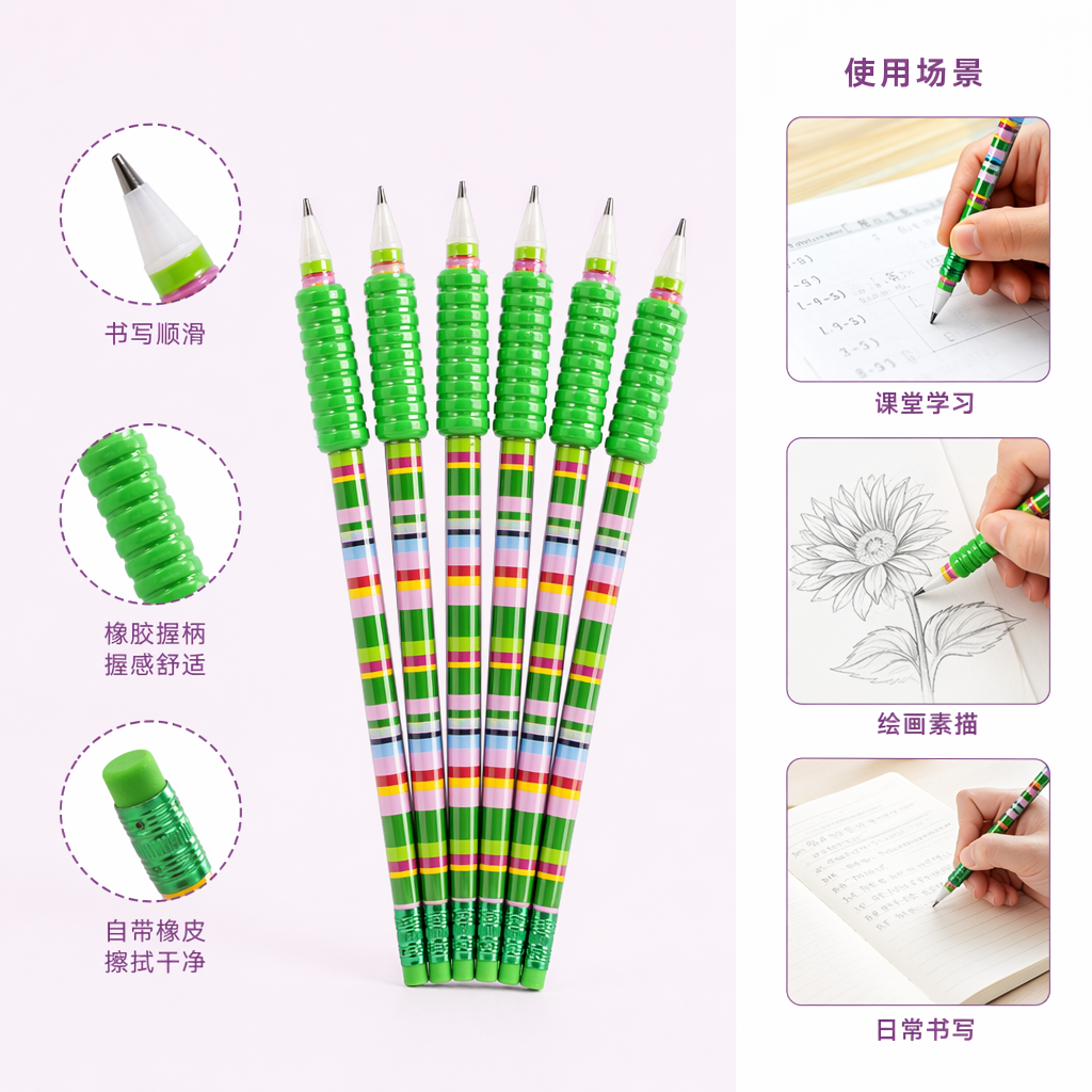 绿色条纹铅笔套装 学生文具 木质铅芯 多色组合 便携收纳
