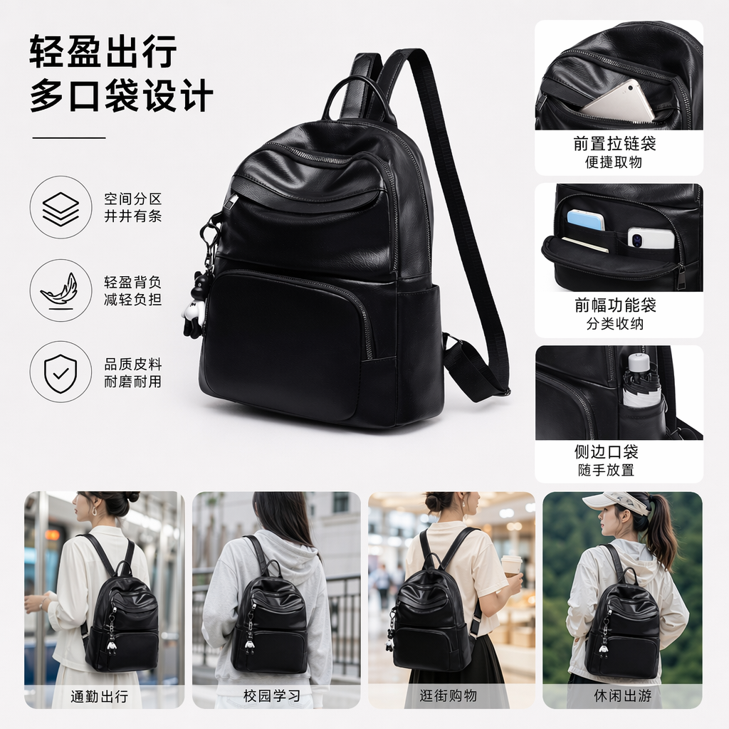 龙骧黑色皮质双肩背包男士简约上班包详情2