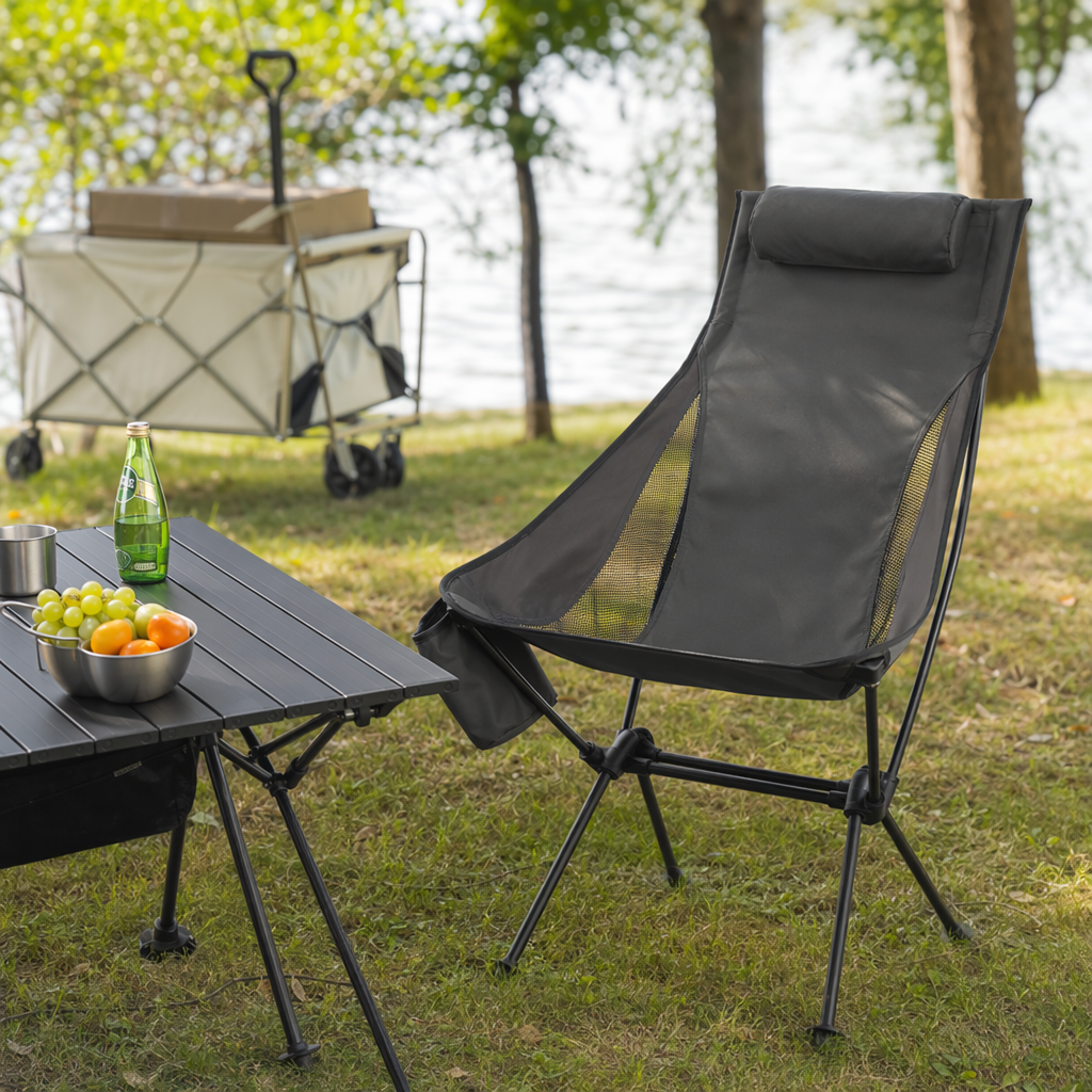 The grey folding chair is a portable and lightweight outdoor camping stool that can be stored details Picture