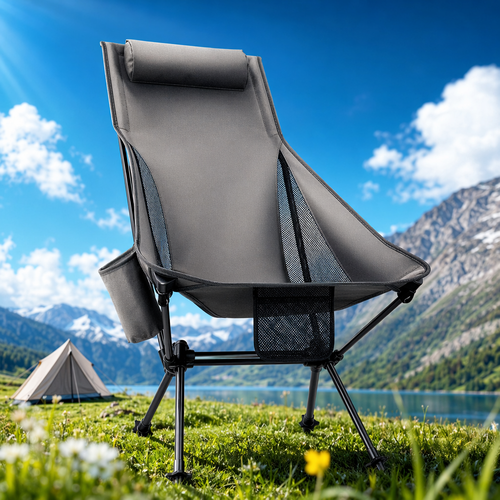 The grey folding chair is a portable and lightweight outdoor camping stool that can be stored Specification image