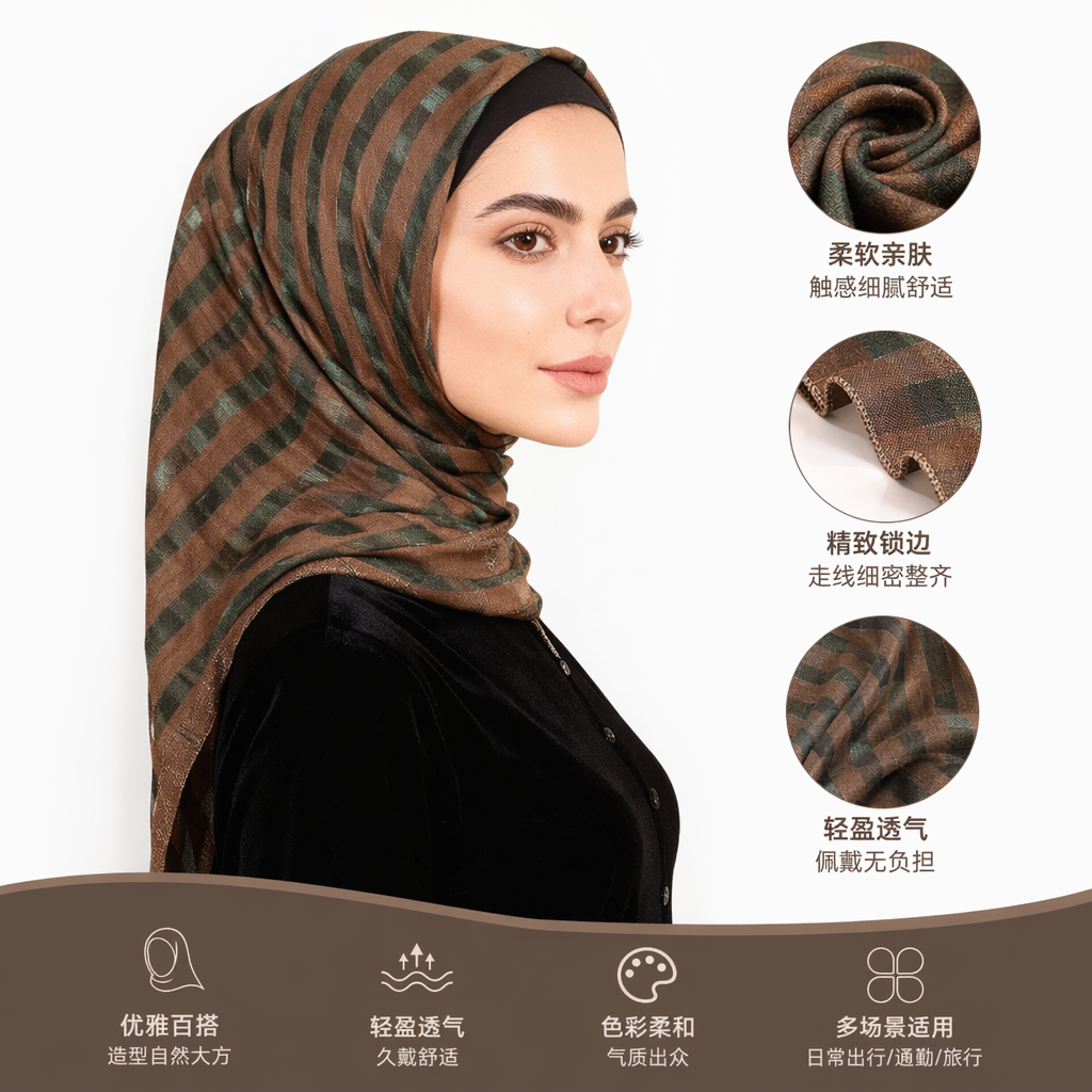 Brown and green striped women's headscarf, a fashionable and versatile spring and summer scarf