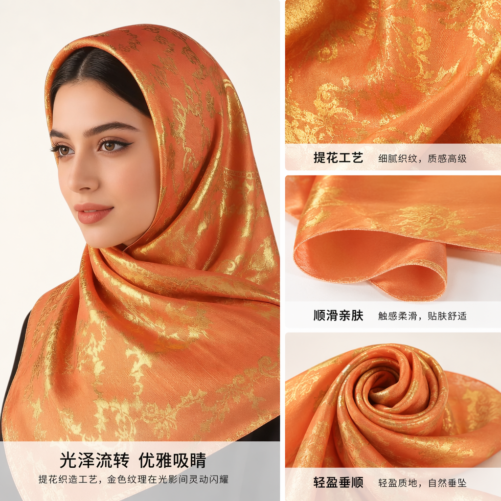 A decorative picture of a woman's head wrapped in an orange and gold-patterned headscarf