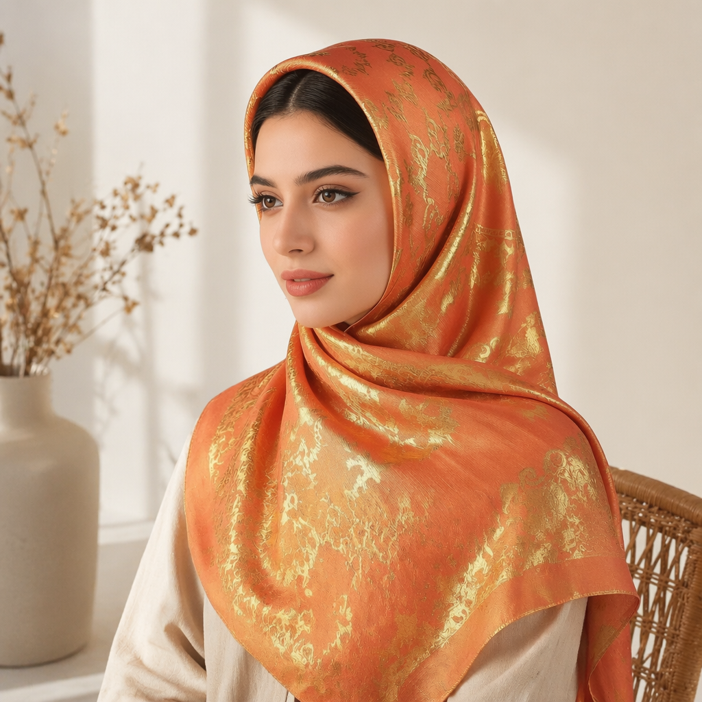 A decorative picture of a woman's head wrapped in an orange and gold-patterned headscarf details Picture