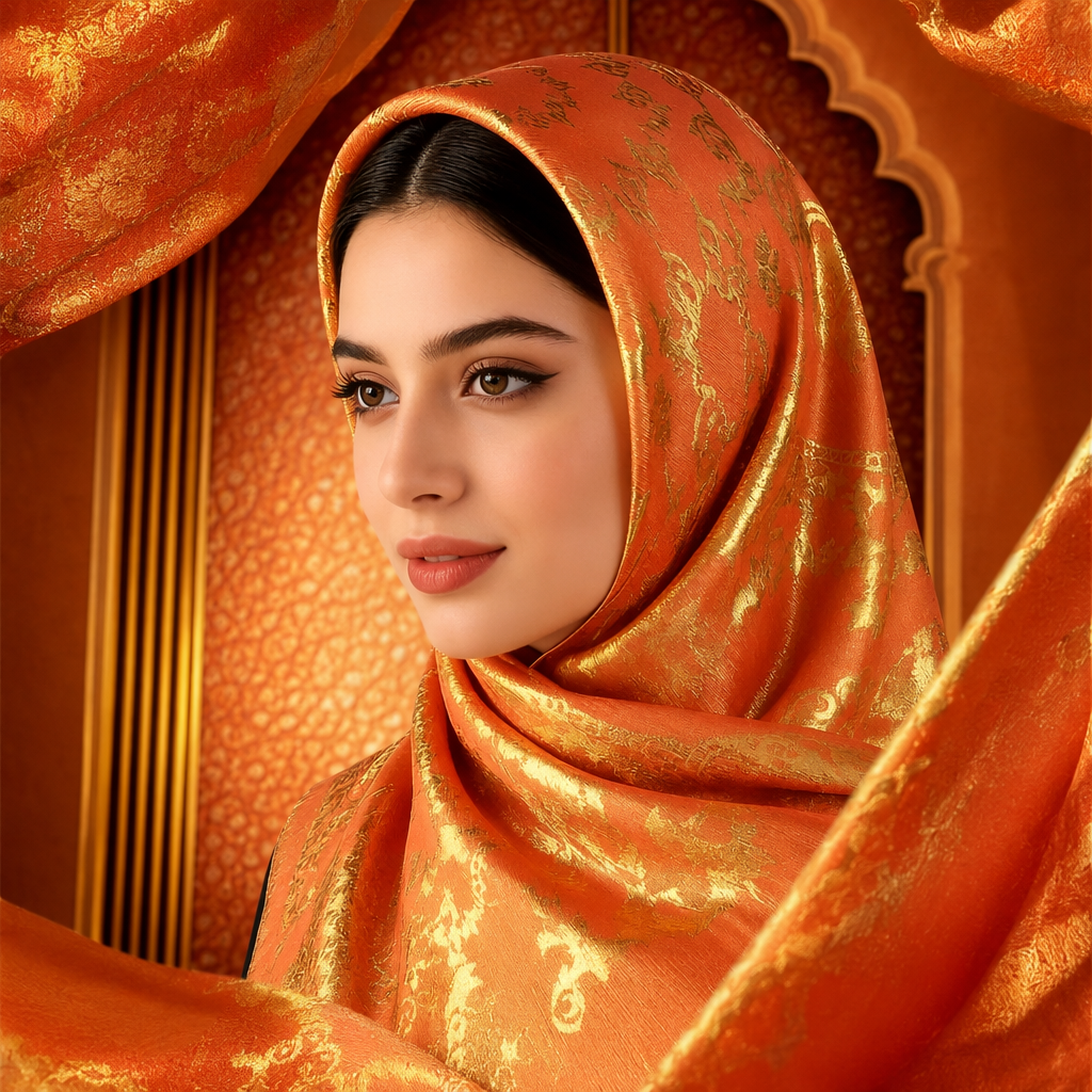 A decorative picture of a woman's head wrapped in an orange and gold-patterned headscarf Specification image