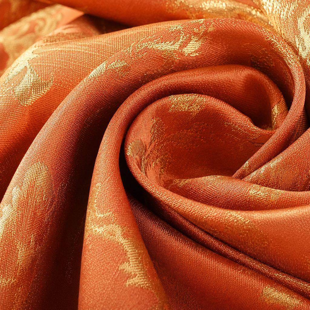 A decorative picture of a woman's head wrapped in an orange and gold-patterned headscarf Application Scenario