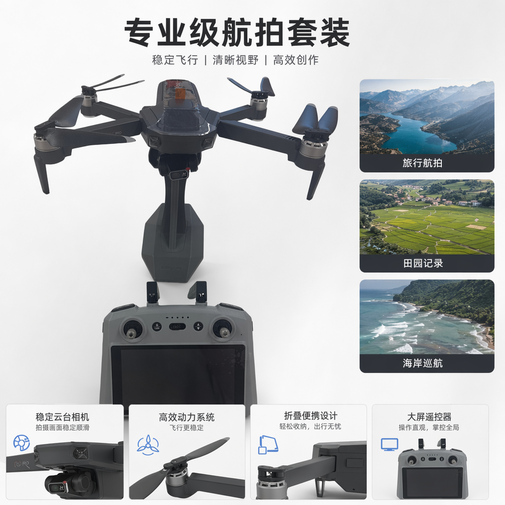 The black drone with a grey remote control provides stable, high-definition and foldable aerial photography