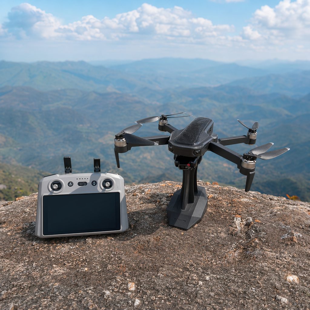 The black drone with a grey remote control provides stable, high-definition and foldable aerial photography details Picture
