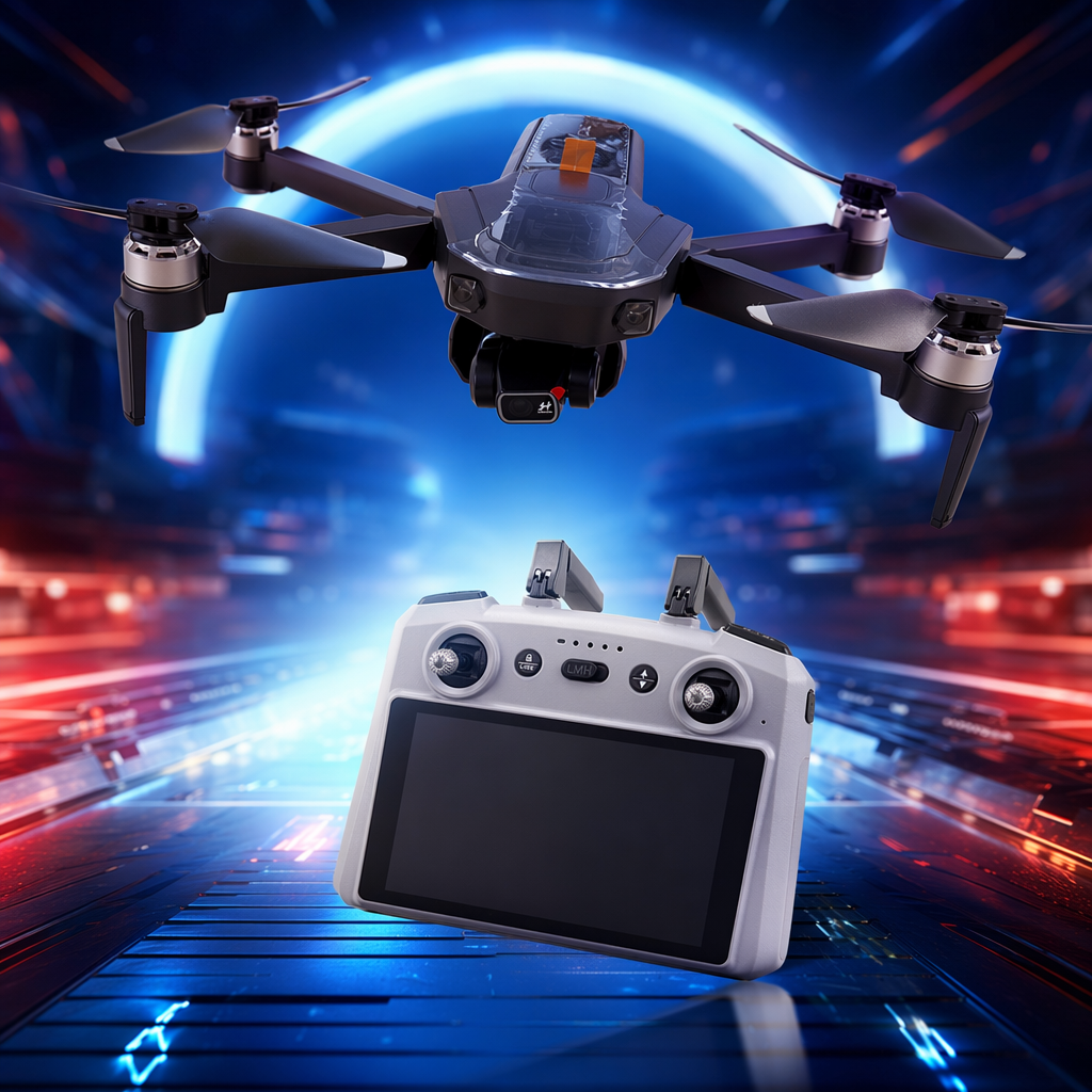 The black drone with a grey remote control provides stable, high-definition and foldable aerial photography Specification image