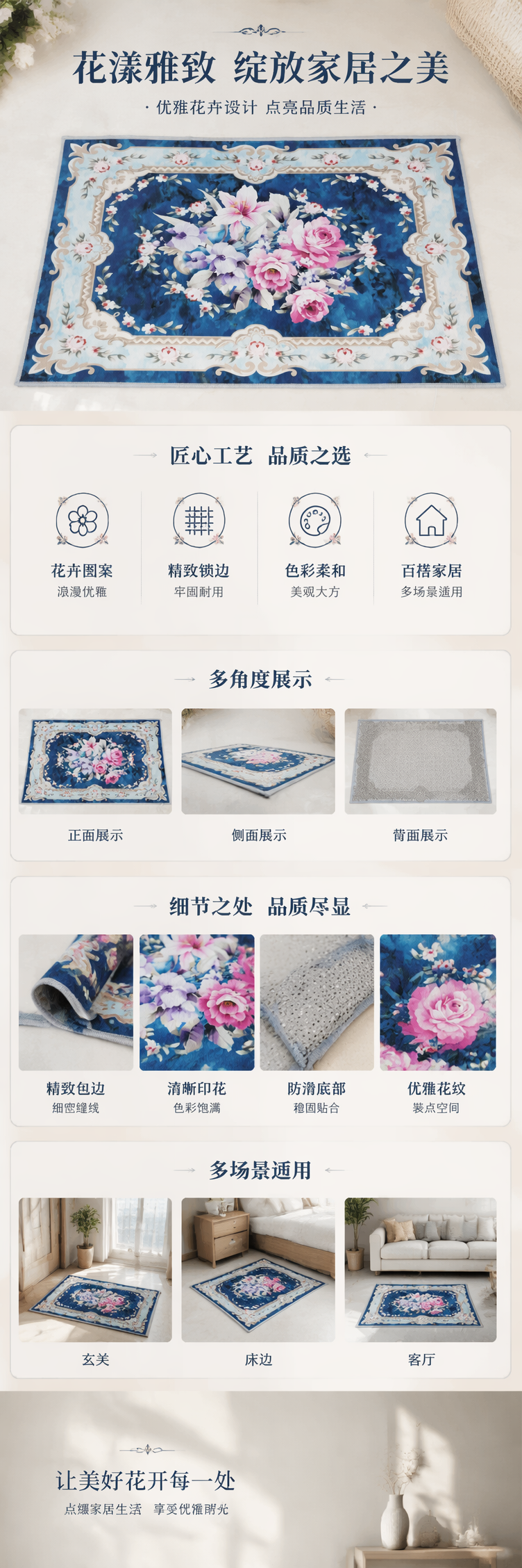 蓝色花卉图案浴室防滑地垫 吸水速干家用门口垫详情1