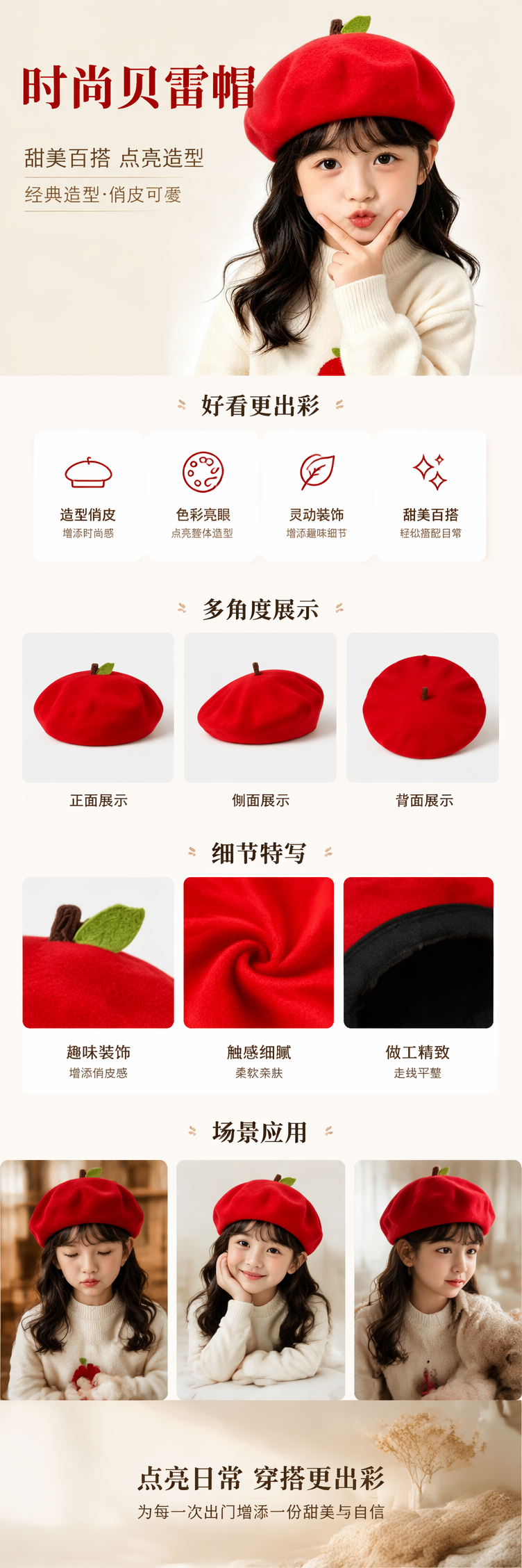 秋冬款现货羊毛贝雷帽16色可选择红色苹果造型小女孩贝雷帽法式经典款毛毡帽子 pic 1