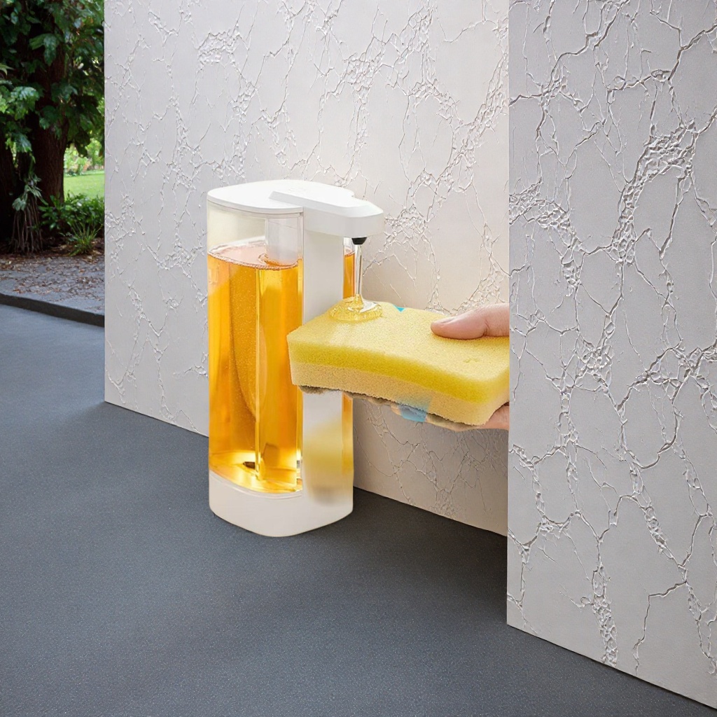 White automatic liquid dispensing bottle with yellow sponge cleaning set, suitable for home kitchens and bathrooms details Picture
