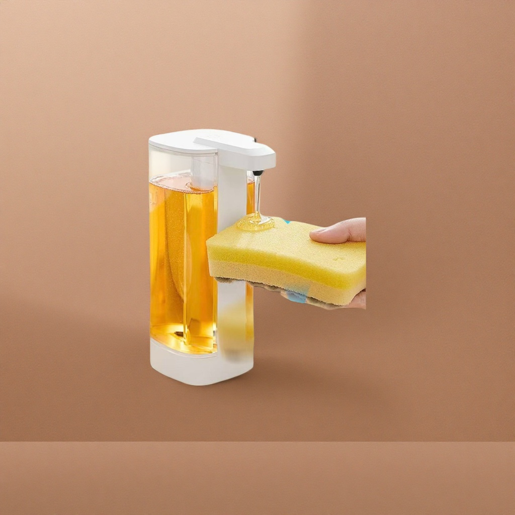 White automatic liquid dispensing bottle with yellow sponge cleaning set, suitable for home kitchens and bathrooms Application Scenario