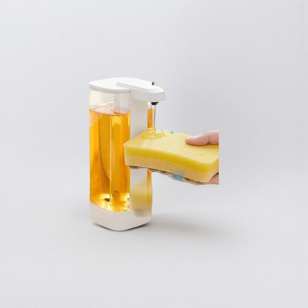 White automatic liquid dispensing bottle with yellow sponge cleaning set, suitable for home kitchens and bathrooms Specification image