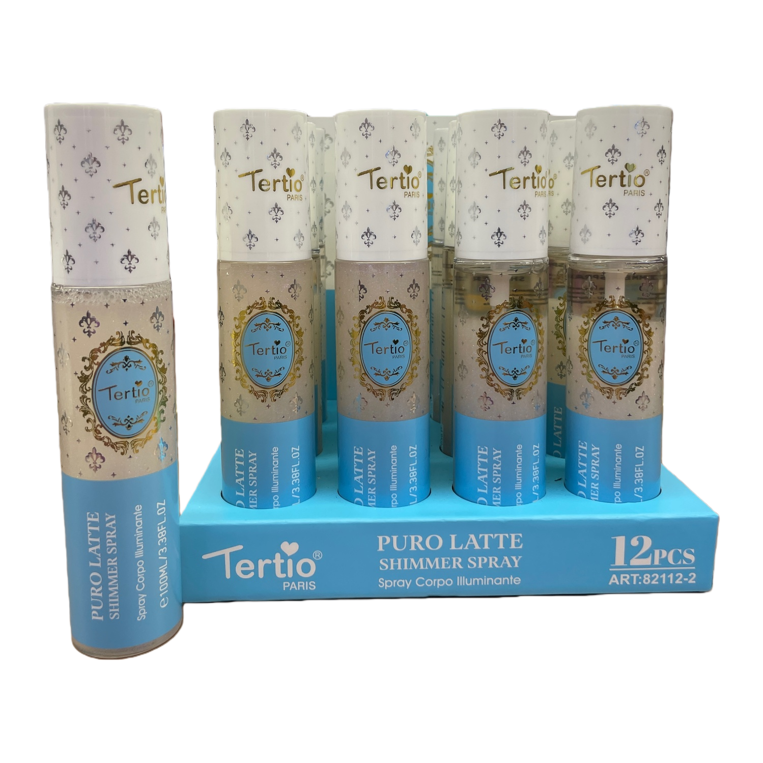 Tertio Puro Latte Shimmer Spray Body Glow Spray Blue packaging 12-piece display box Item Picture