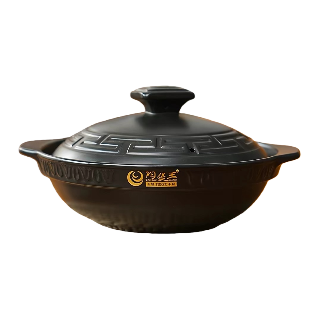 The black earthenware pot with a lid and double-ear design is a household stew pot that can withstand high temperatures Item Picture