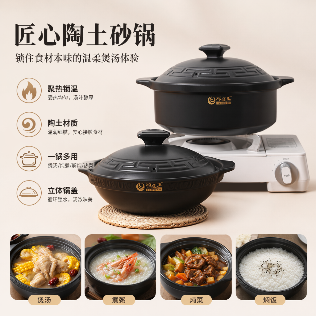 Black earthenware clay pot stew pot, household high-temperature resistant ceramic soup pot