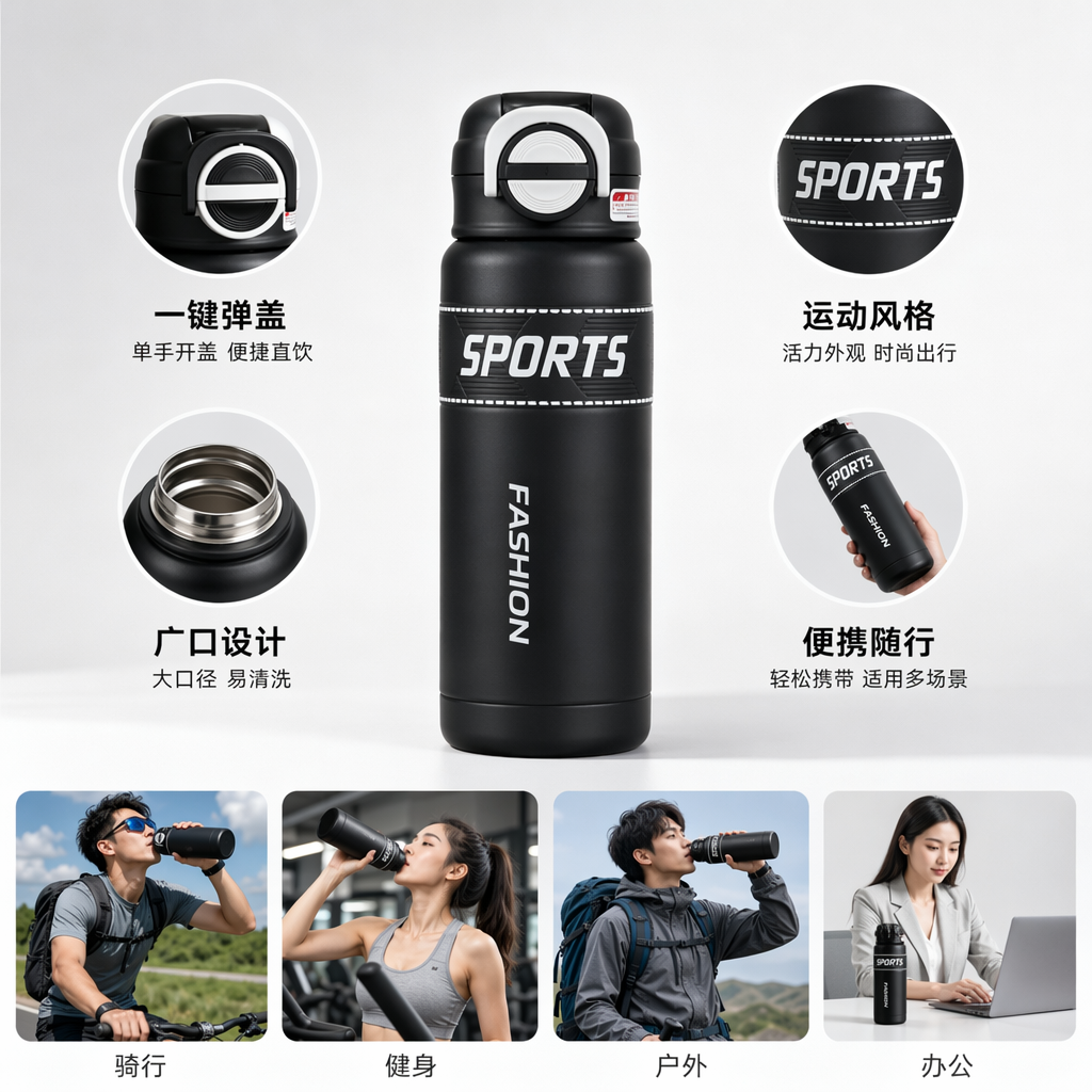 五款运动风保温杯 蓝白黑米绿白配色 木质圆桌摆拍款
