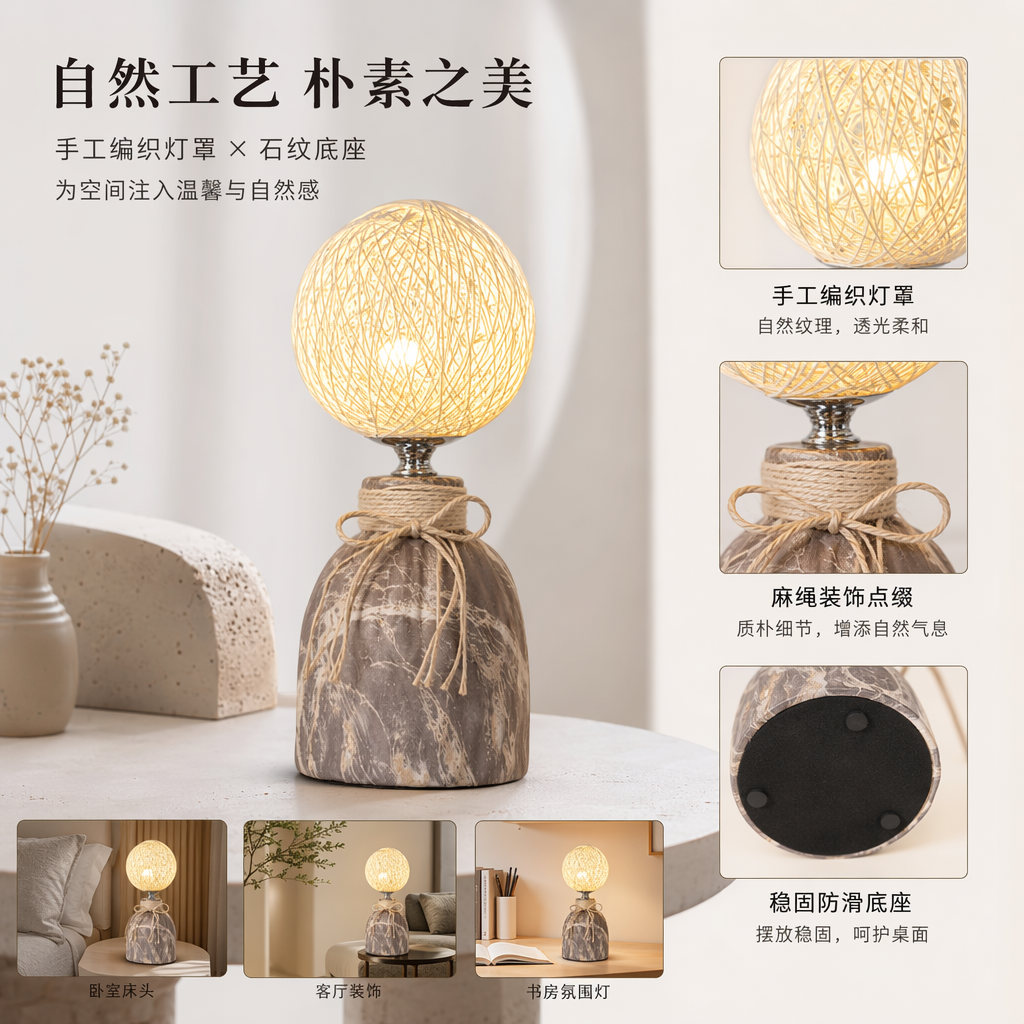 Three types of woven ball table lamps: yellow, beige, white, spherical lampshades, blue, green, gray, white, white, ceramic bases, and decorated with hemp and cotton ropes