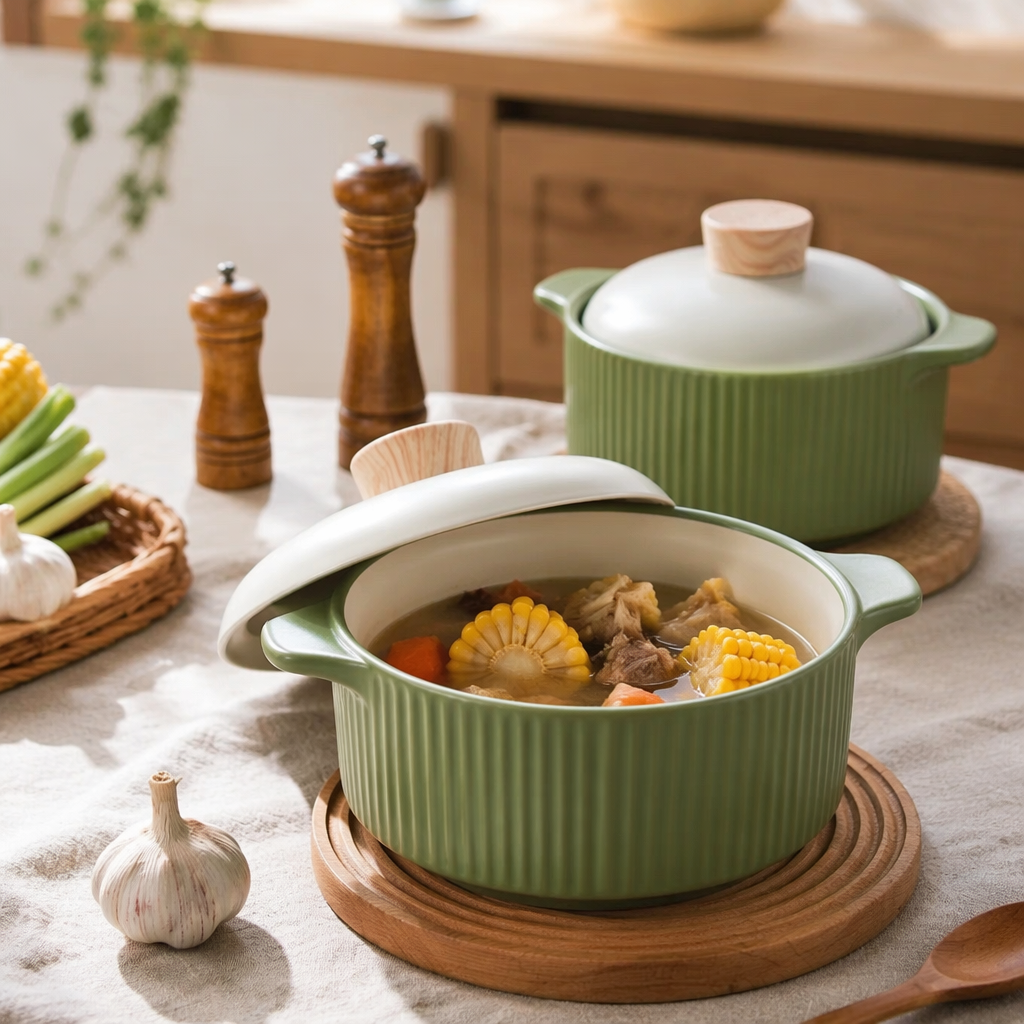 The green striped ceramic stew pot with a white lid is a household soup pot that is heat-resistant and easy to clean details Picture