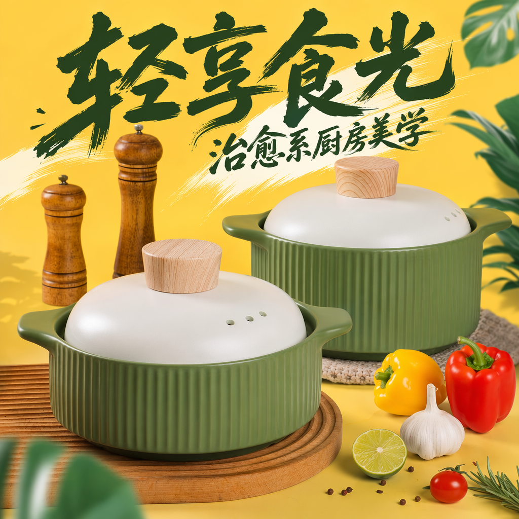 The green striped ceramic stew pot with a white lid is a household soup pot that is heat-resistant and easy to clean Specification image