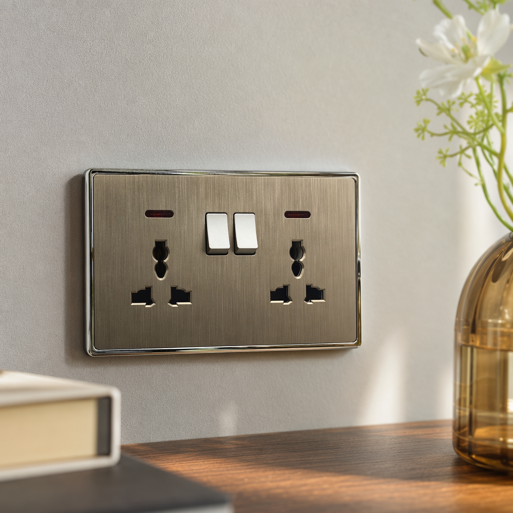 F4 Gold brushed dual 13A multi-functional wall socket, suitable for living room and bedroom, splash-proof and waterproof, exclusively for export details Picture
